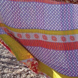 Kantha Quilt Purple Orange Green Marigold Red 55" x 84" Premium 3 Layer K85.